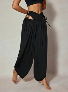 SHEIN Sports 纯色镂空系带阔腿运动裤 - 黑色 - 查看 5