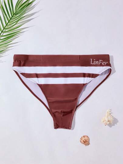 Surfspeed Plus Size Men's Striped Patchwork & Letter Print Swimming Trunks, Casual Vacation