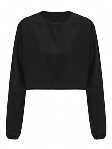 Quá Khổ Áo Nỉ Nữ Cổ Tròn Dài Tay Áo Màu Trơn Ngắn Áo Chui Đầu Áo Kiểu Thời Trang Dạo Phố Thể Thao Tee - màu đen - Xem 3