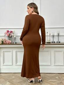 Modelyn 大码 V 领纯色修身休闲长袖连衣裙，优雅奢华派对晚礼服秋冬优雅，秋冬内穿外穿长裙 - 鏽棕色 - 查看 2