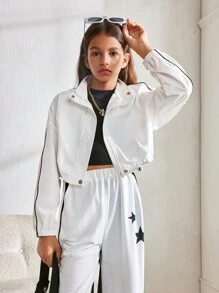 Áo khoác bomber dáng rộng thông thường hợp thời trang của Tween Girls Màu trắng Colorblock Splice - trắng - Xem 3