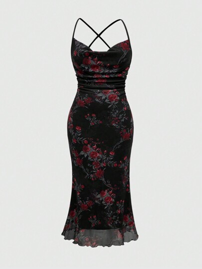 Fairycore Plus Size Floral All-Over Print Draped Neck Dress, For New Year