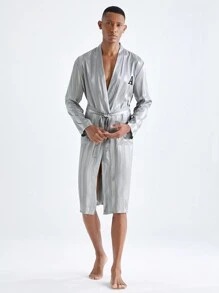 Men's Letter Printed Long Sleeve Casual Loungewear Robe With Pockets - Baby Blue - View 8