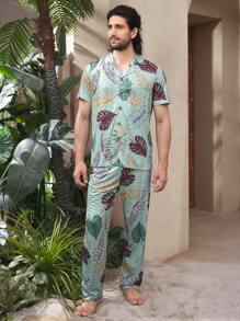 Men's Leaf Print Single-Breasted Short Sleeve Top And Pants Loungewear Set - Green - View 1