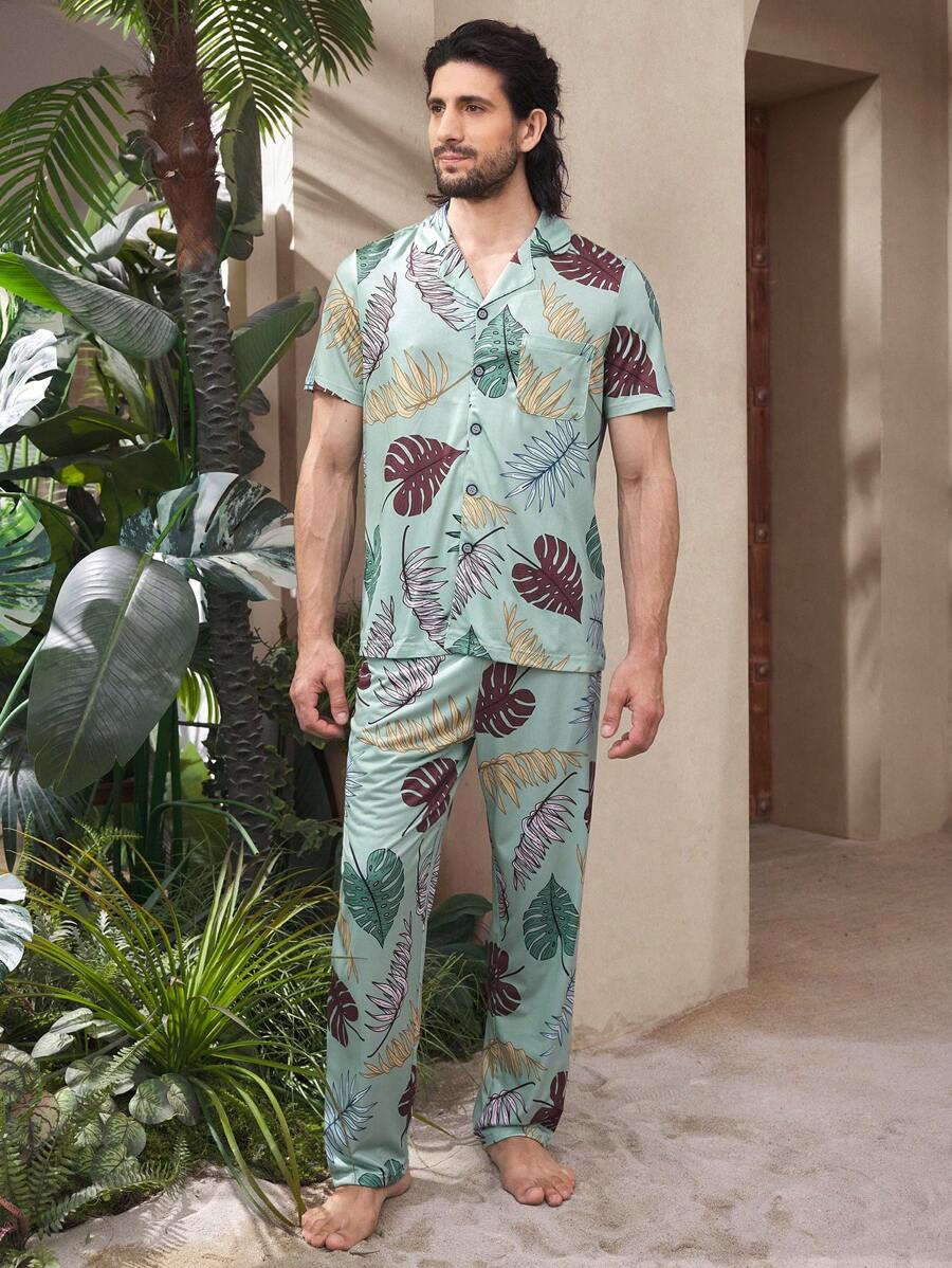 Men's Leaf Print Single-Breasted Short Sleeve Top And Pants Loungewear Set - Green - View 1