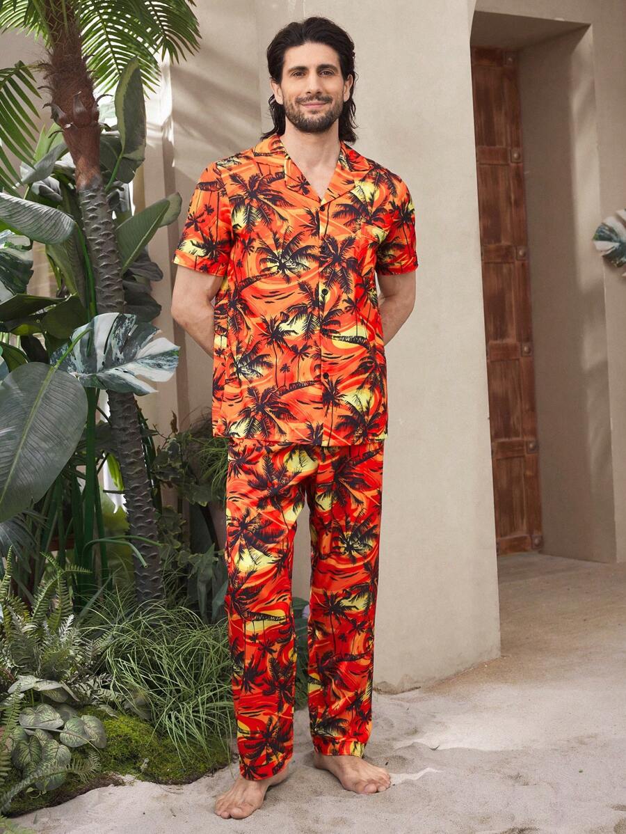 Manfinity ChillVibe Men's Coconut Tree Print Short Sleeve Pajama Set - Multicolor - View 1