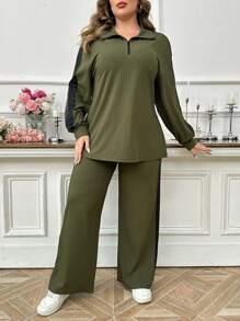 Mulvari 加大码 2 件套拉链色块长袖上衣和直筒宽松休闲裤，舒适四分之一拉链运动服套装 2 件套 - 彩色 - 查看 4