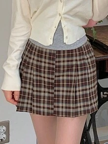 DAZY 女士格子A字迷你裙秋季半身裙 - 咖啡棕 - 查看 3