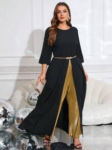 SHEIN Clasi Plus Size Round Neck Short Sleeve Waist Tie Split Fashion Charming Jumpsuit