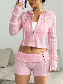 SHEIN Unity 2 件女式连帽上衣和时尚短裤套装、长袖运动衫和纽扣装饰短裤