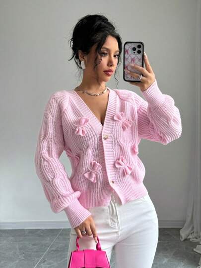 Elenzga Cárdigan rosa suave con lazo para mujer, blusas de manga larga