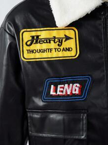 SHEIN Tween 女童复古飞行夹克，配有 Speed Icon 补丁、PU 皮革和蓬松衣领 - 彩色 - 查看 3