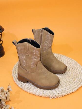 Geborduurde hoge/halfhoge cowboylaarzen voor kinderen, meisjeskleurenblokken met vierkante neus en hoge hakken met ritssluiting aan de zijkant