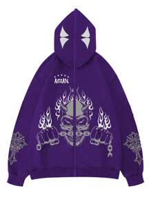 ROMWE MEN Street Life Men's Spring Autumn Letter & Flame Print Zip-Up Hoodie Casual Sweatshirt - Purple - View 1
