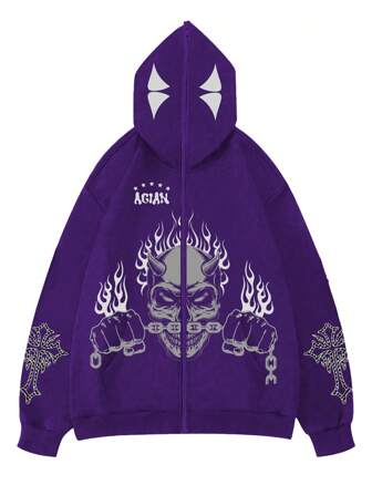 Street Life Felpa con cappuccio casual da uomo con zip, stampata con lettere e fiamma, per primavera e autunno