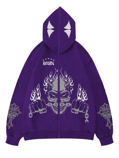 Street Life Sudadera con capucha informal con cremallera, con estampado de letra y llama, para hombres en primavera y otoño