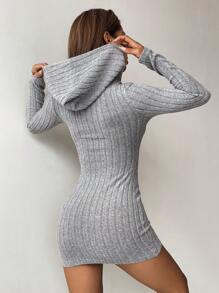SHEIN PETITE Vestido ajustado con capucha y cordón de punto acanalado - Gris - Ver 2