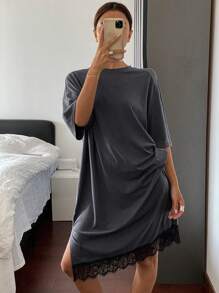 Livesso Lace Patchwork Loose Nightgown Pajama, Moo Moo Sleep Dress - Dark Grey - View 3