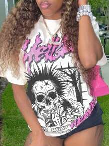 SHEIN Slayr 休闲圆领短袖骷髅印花 T 恤