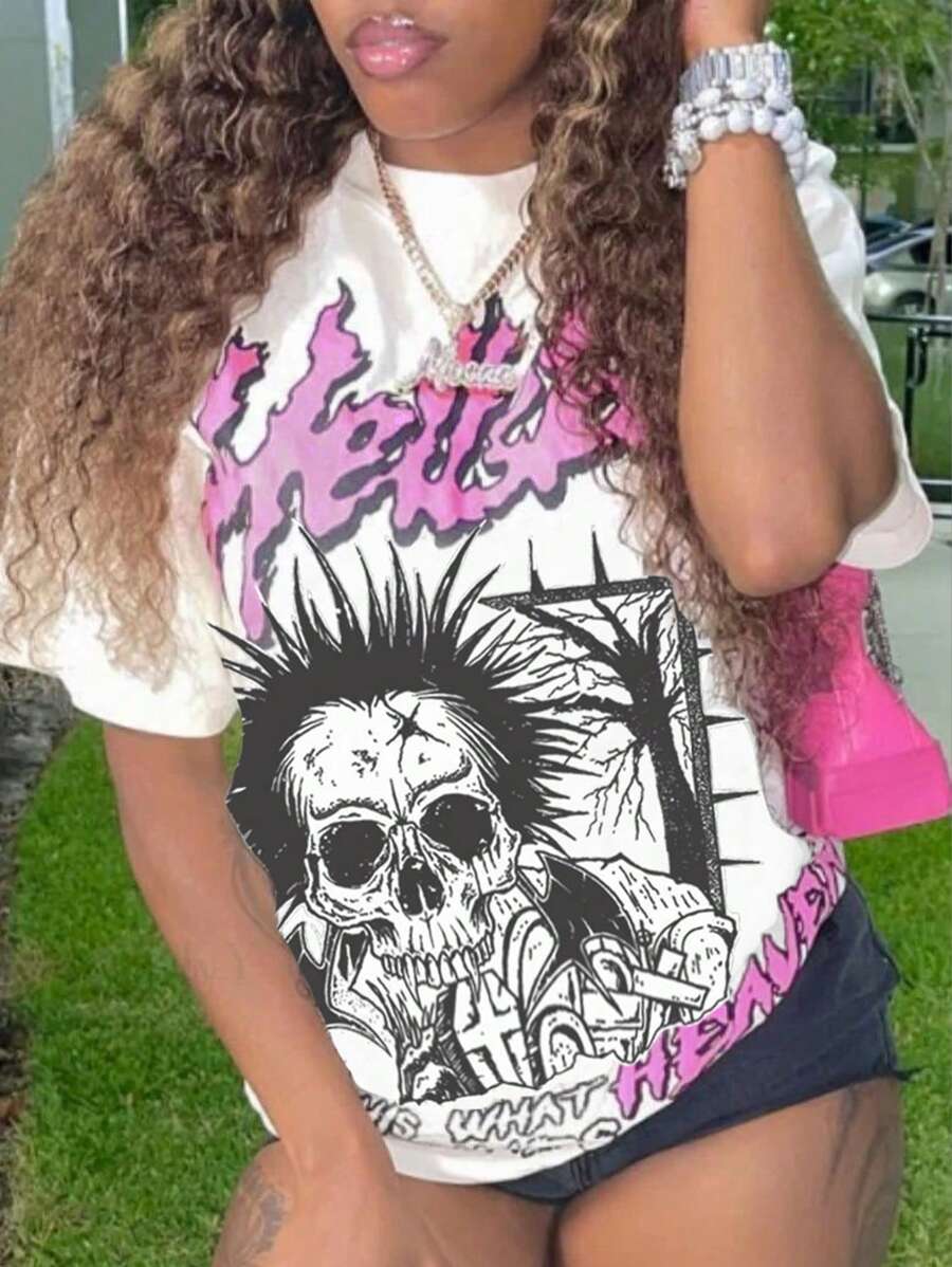 SHEIN Slayr 休闲圆领短袖骷髅印花 T 恤