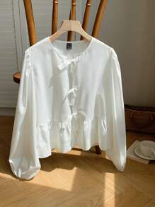 SHEIN EZwear Ladies' Solid Color Simple Daily Long-Sleeved Shirt With Bow Decoration,Long Sleeve Tops