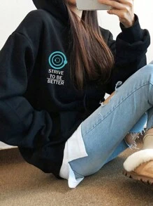 DAZY Women's String Drawstring Letter Print Oversized Hoodie, Casual Everyday Wear,Fall Women Clothes Sweatshirt - Black - View 10