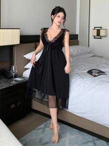 DAZY Women's Romantic Mesh Lace Patchwork Ruffle Backless Nightgown Pajama - Black - View 3