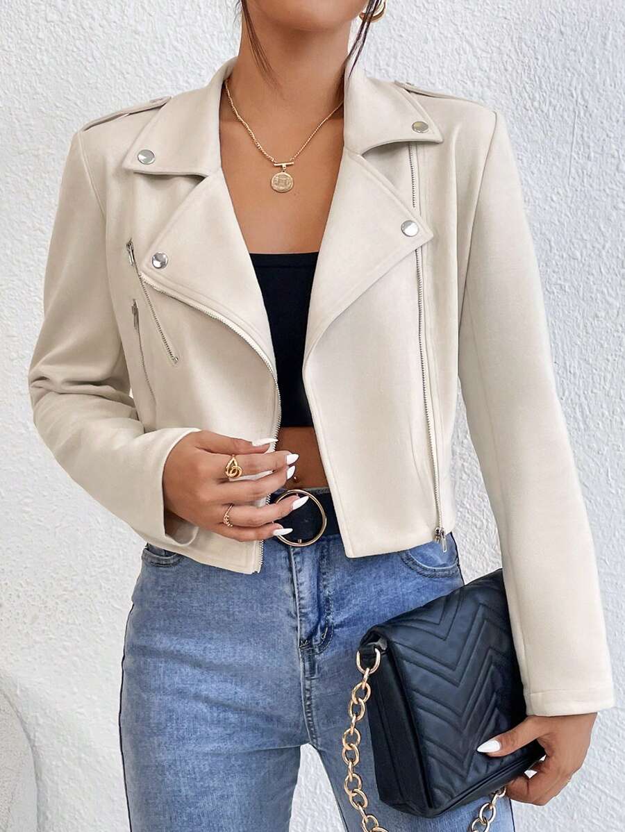 SHEIN LUNE Giacca da motociclista con colletto a risvolto e zip, da donna, taglia comoda, per l'inverno