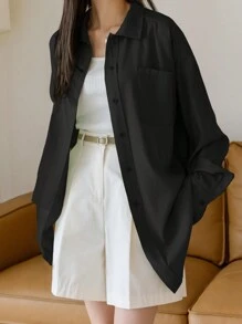 DAZY Áo sơ mi công sở cổ polo màu trơn, quần áo mùa thu, áo sơ mi dài tay kiểu dáng học sinh - màu đen - Xem 4