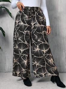 SHEIN LUNE Pantalones anchos casuales rectos de pierna ancha con estampado de hojas de la suerte de talla grande para mujer en otoño