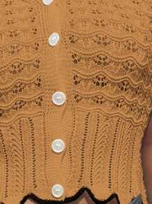 Flirla Plus Size Fashion High-End Design Polo Collar Hollow-Out Knit Top - Rust Brown - View 8