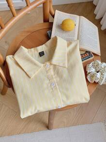 Comfortcana Áo sơ mi dáng rộng sọc vàng thường ngày mùa hè - Màu vàng - Xem 5