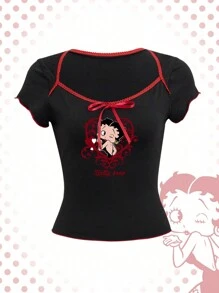 Betty Boop | ROMWE Summer Cartoon Figure Graphic Contrast Binding Tee - Black - View 1