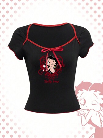 Betty Boop | ROMWE T-shirt estiva a contrasto grafico con figura a cartone animato e bordatura