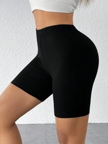 SHEIN PETITE Women's Solid Color Ribbed Short Leggings