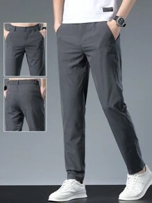 Pantalones casuales de unicolor con bolsillos y corte entallado para hombre, para otoño - Gris Oscuro - Ver 3