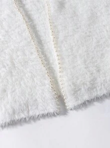SHEIN LUNE Pearls Beaded Drop Shoulder Fuzzy Duster Cardigan Fall Winter Cloth For Women - White - View 8