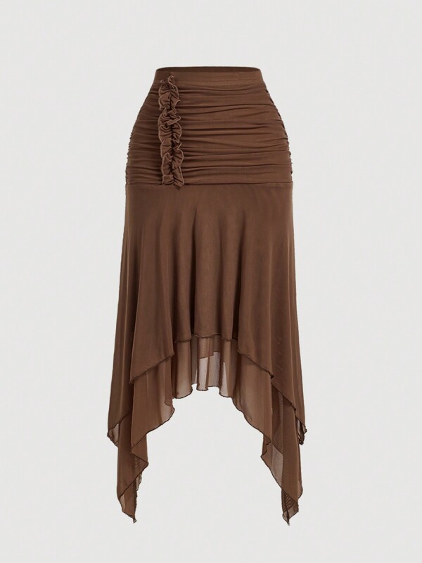 SHEIN MOD Ruched & Asymmetrical Hem Double-Layer Skirt,School Skirt,Khaki Skirt,Fall Skirts,Bachelorette Outfits,Rave Festival Outfits