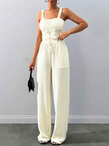 Textured Fabric Cami Top & High Waist Wide Leg Side Pocket Pant Summer Two Piece Outfit