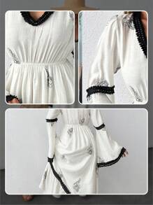 SHEIN Cottnline Embroidered Contrast Trim Vacation Dress - Beige - View 7