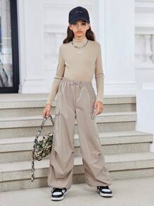 SHEIN Completo per ragazze pre-adolescenti con top a manica lunga a collo alto in maglia a tinta unita e pantaloni larghi, casual sportivo