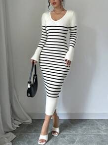 SHEIN Frenchy Women's Ribbed V-Neck Ribbed Print  Sweater Dress, Fall Winter  Long Sleeve Warm Casual - Multicolor - View 6