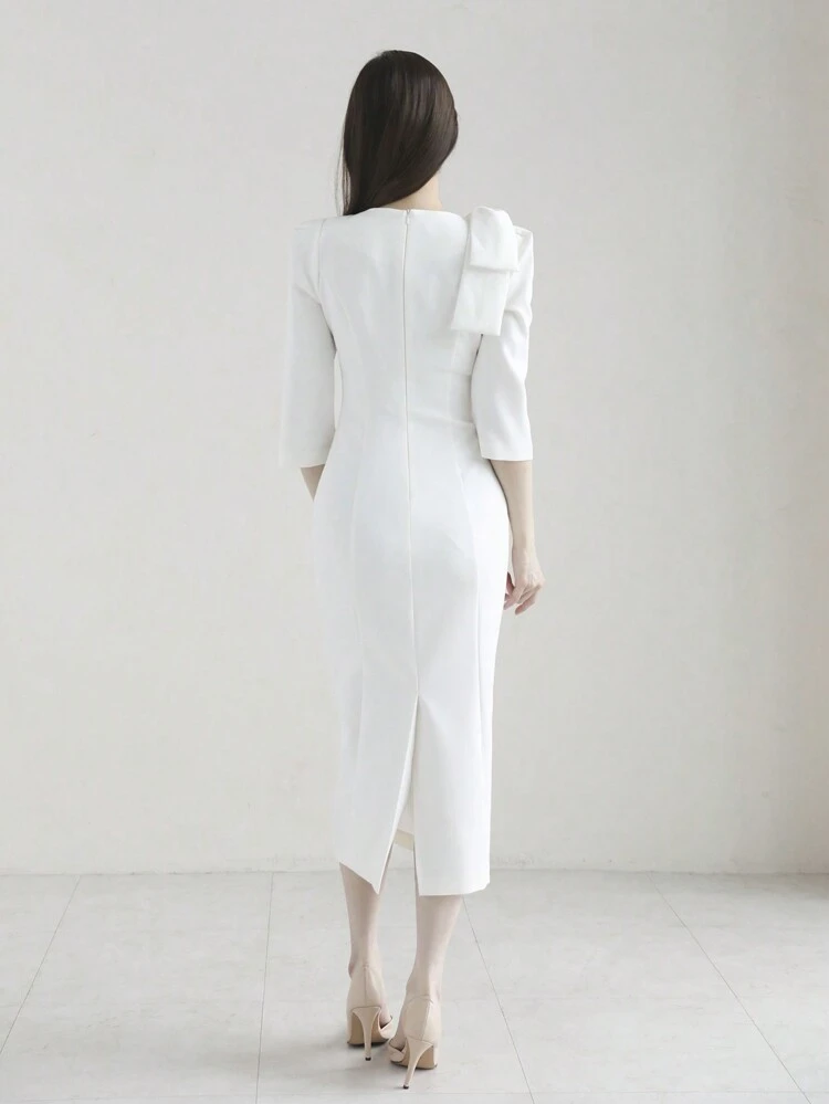 Women's Bow-Tie Waist Slim Fit Elegant Dress, White, Spring/Summer Dress