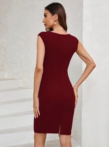 SHEIN Clasi Women's Solid Color V-Neck Ruched Bodycon Dress - Burgundy - View 6
