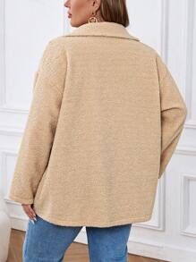 EMERY ROSE 大码女式秋冬豹纹仿羊毛口袋休闲加大羊毛厚毛绒夹克带口袋