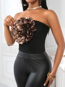 Zolique Top Crop Bandeau Estampado com Animal e Flor para Mulheres - Preto - Visão 4