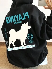 DAZY Women's String Drawstring Letter Print Oversized Hoodie, Casual Everyday Wear,Fall Women Clothes Sweatshirt - Black - View 3