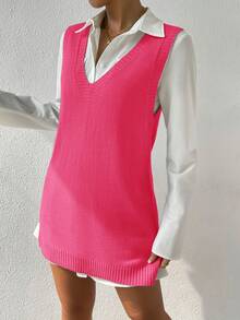 RueChic 1pc Solid V Neck Sweater Vest Dress Without Belt & Blouse - Hot Pink - View 7