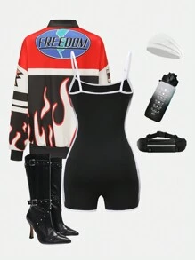 SHEIN Explorewe 2pcs Women's Fashion Street Casual Letter Print Baseball Jacket And Contrast Trim Romper Mommy & Me Clothes Set - Multicolor - View 2