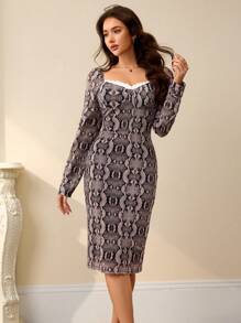 Chiquease 随机欧美风格蕾丝边高领长袖蛇皮印花紧身连衣裙 - 彩色 - 查看 5